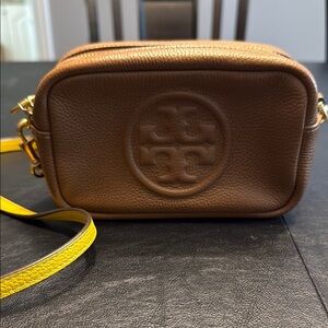 Tory Burch Brown Leather Camera Bag with Yellow Strap